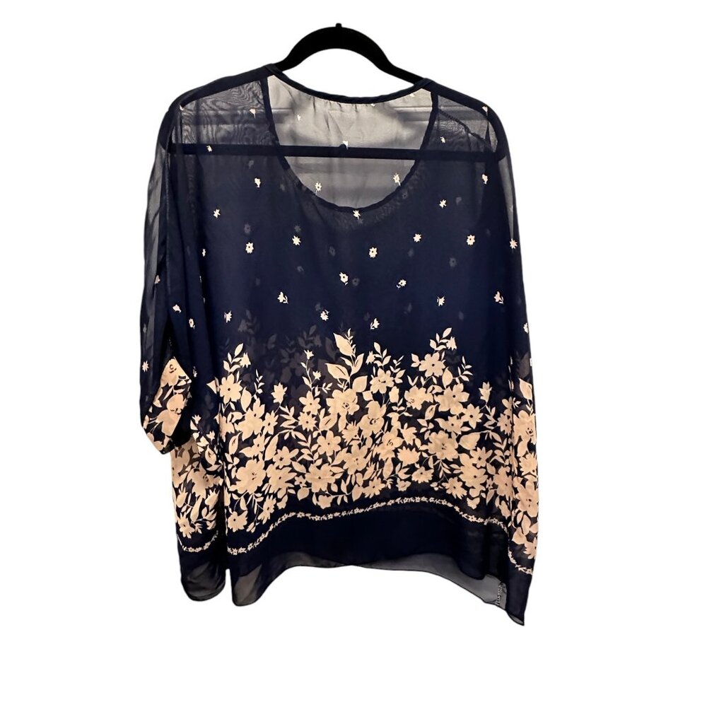 🍒 2/$20 🍒 Navy with Tan Flowers Sheer Bat Wing Blouse sz XL